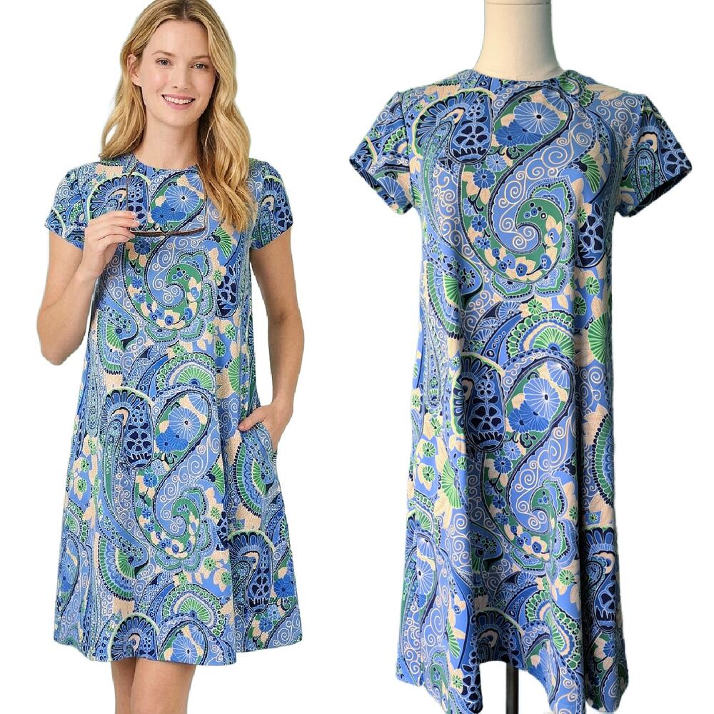 J McLaughlin Swing Dress XS Blue Green Floral Paisley Catalina Cloth Crewneck